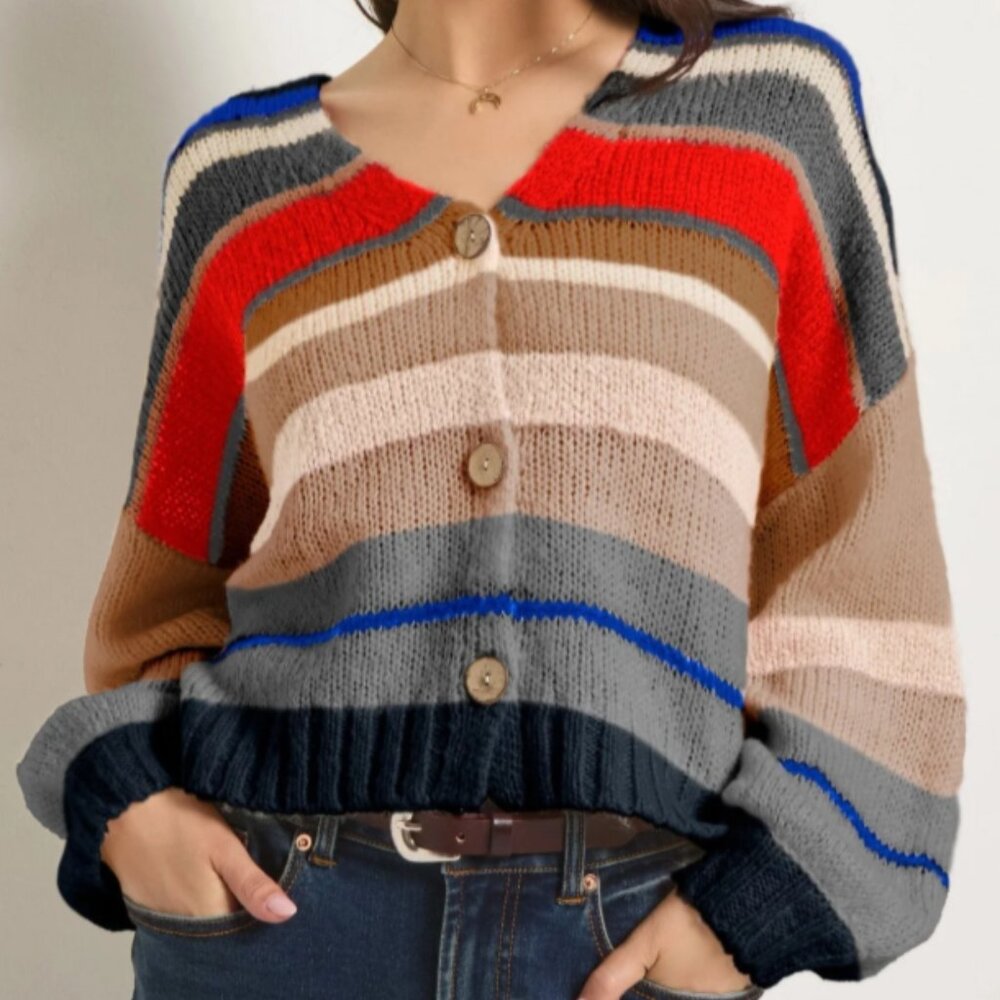 78&Sunny - "June" striped cardigan - size 10/12, L - tan, black, blue, red